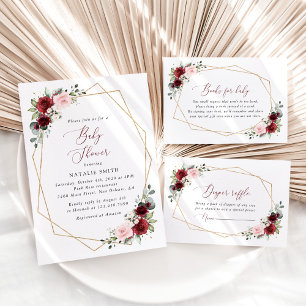 Invitación Flores rojas de Borgoña, flores rosas, Baby Shower