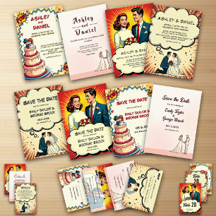 Invitación Retro Bride y Groom Pop Art Comic Style Boda