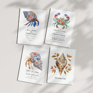 Tarjeta De Agradecimiento Boda playera náutica costera de conchas florales