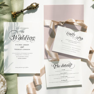 Invitación Todo En Uno Caligrafía romántica Boda blanco negro
