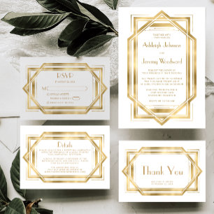 Tarjeta Vintage 1920 Deco White Gold Wedding Gracias