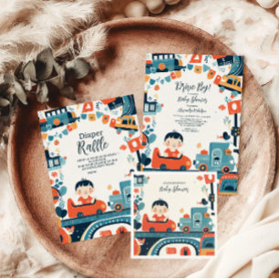 Tarjeta De Recepción Fun colorido niño de coches Baby Shower Diapper Ra