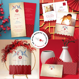 Tarjeta De Confirmación De Asistencia Papel De Origami Rojo Y Azul Grúa Boda Asiático