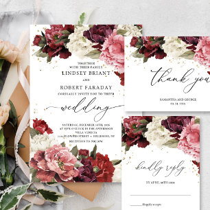 Invitación Boho Rubor burgundy mauve peonies boda brunch