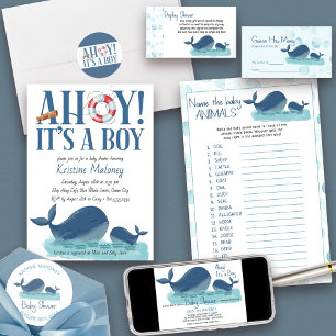 Pegatina Redonda Baby Shower de Happy Whale Personalized Boy
