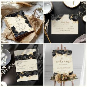 Invitación Watercolor Gold Rosas negros Guardar fecha