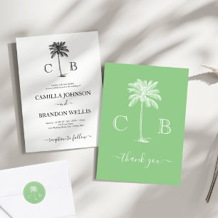 Tarjeta De Agradecimiento Boda de Monogramas de Palm Tropical Sencillo Elega