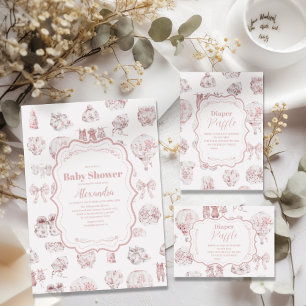 Invitación Ropa rosa de tela de Jouy Baby Shower
