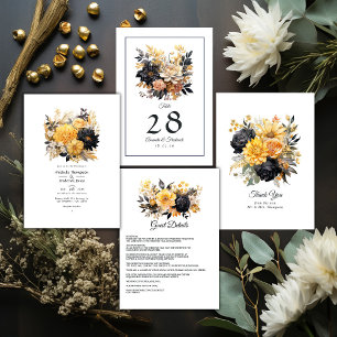 Tarjeta De Agradecimiento Boda floral negro y dorado