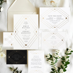 Invitación Boda Gatsby de Decoro Geométrico Blanco Diamante O