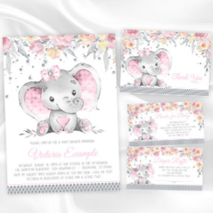 Tarjeta De Agradecimiento Elefante gris rosado Diamond Floral Baby Shower