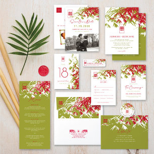 Invitación Bambú verde rojo deja Boda chino Xi doble