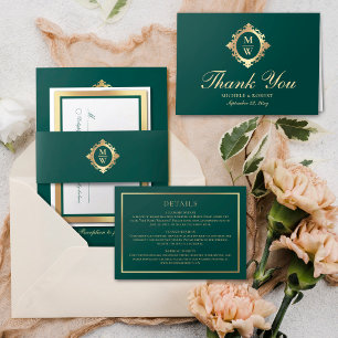 Tarjeta De Recepción Elegante oro horizontal verde esmeralda