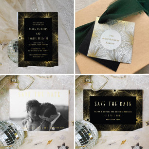 Invitación Postal Con Relieve Metalizado Foto moderna de Boda negro salva la fecha de oro