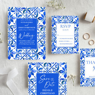 Reserva La Fecha Baldosas azules de Talavera azul boda mexicano vin
