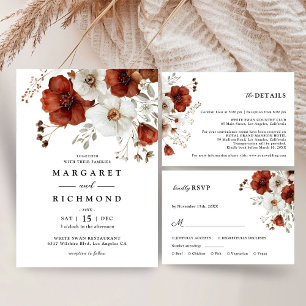 Tarjeta De Agradecimiento Boda floral de color rojo y blanco ruso gracias a 