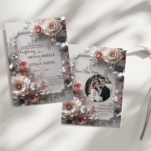 Elegante Floral 3D Guardar la invitación de fecha