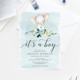 Tarjeta de invitación Baby Shower Blue Elephant Bo