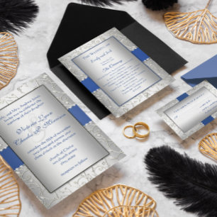 Tarjeta de recepción de boda giratoria azul y plat
