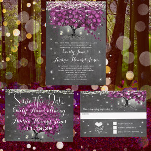 Invitación Boda de árbol de hoja de corazón púrpura de cuchar