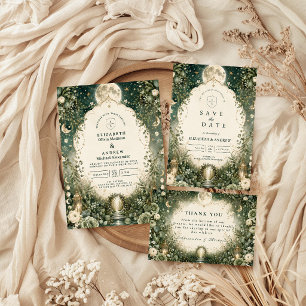 Tarjeta De Confirmación De Asistencia Elegante Boda Celestial Verde