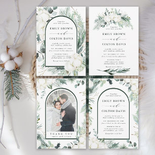 Tarjeta De Agradecimiento Flores Evergreen y Cotton Elegante Foto De Boda
