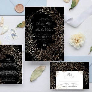 Invitación Con Relieve Metalizado Boda editable Black Flower GOLD Wreath