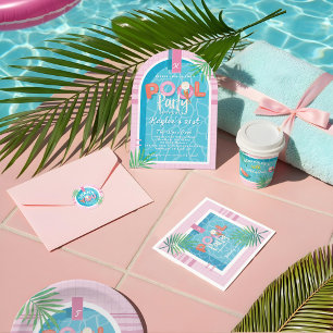 Invitación Divertido Fiesta de piscina tropical rosa y azul i