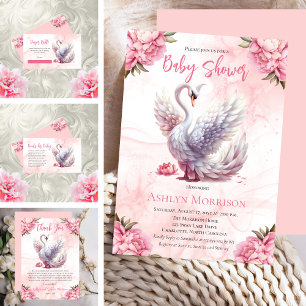 Tarjeta De Agradecimiento Hermoso Chica floral rosa de cisne Baby Shower