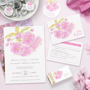Invitación Boda de acuarela con flor de cerezo rosa