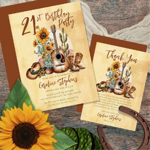 Invitación Boho Western Guitar Sunflowers fiesta de cumpleaño