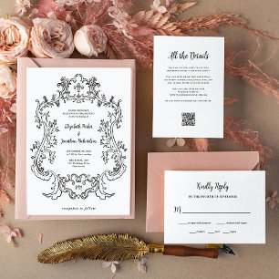 Tarjeta De Recepción Negro Regal y Blanco   Detalles del Boda Código QR
