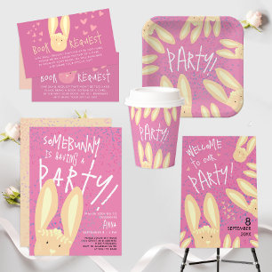 Invitación Conejito burro con Fiesta de puntos rosados pastel