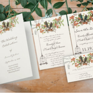 Invitación Coral Mint Vintage Birdcage Cottage Boda de Moda