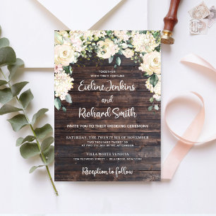 Invitación Rústica madera verde rosas blancas atadas al nudo