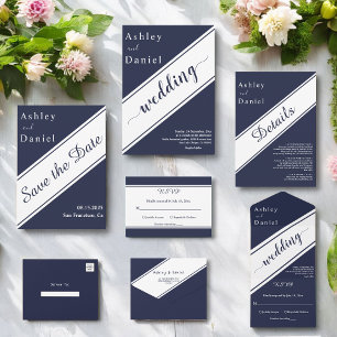 Invitación Elegante Chic Azul Marino Blanco Boda de Lujo Mode