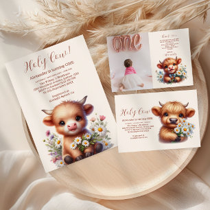 Invitación Boho Holy Cow Highland Cow Primer cumpleaños