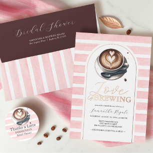 Invitación Con Relieve Metalizado Tema de Desayuno Nupcial con Café Rosa y Dorado Ro