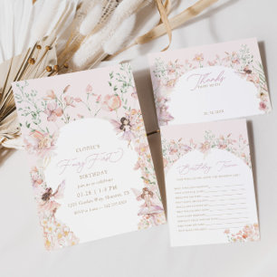 Invitación Fairy 1ᵉʳ cumpleaños de los Chicas florales rosado