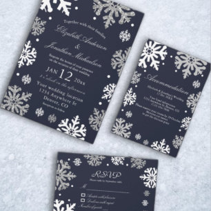 Invitación Boda de invierno con copas de nieve azul de la mar