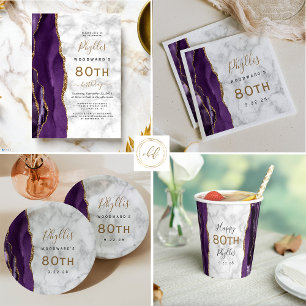 Servilleta De Papel Purple Agate Marble Gold Script 80 cumpleaños