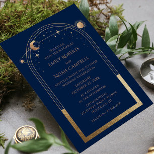 Invitación Con Relieve Metalizado Mystical Blue Gold Sun Moon Astronomic Space