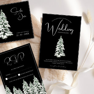 Invitación Boda de árbol de pino blanco y negro de invierno