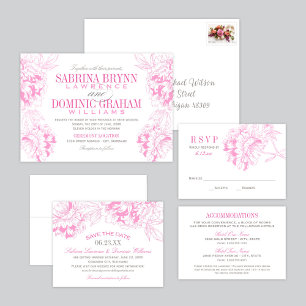 Tarjeta De Confirmación De Asistencia Elegante Fuchsia Boda de peonía floral rosa y gris
