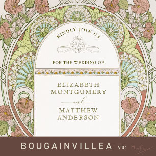 Invitación Con Relieve Metalizado Bougainvillea Red Gold Boda Art Nouveau Mucha