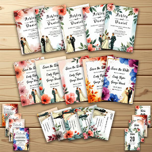 Invitación Watercolor Floral Bride Y Groom Fall Wedding