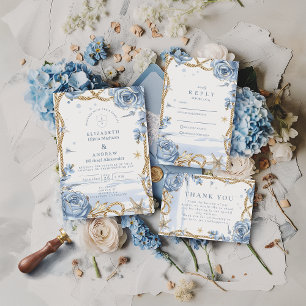 Tarjeta De Agradecimiento Boda de Cuerda Costera Rosa Azul
