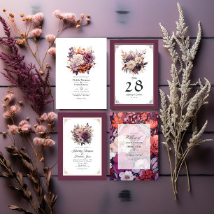 Invitación Pluma, gris, cobre y Rosa de Boda floral