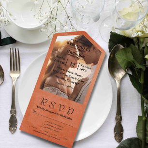 Invitación Todo En Uno Moda Elegante Naranja Quemado RSVP Todo En Un Boda
