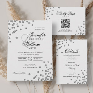Invitación Elegante Boda de guiones Silver Confetti QR RSVP